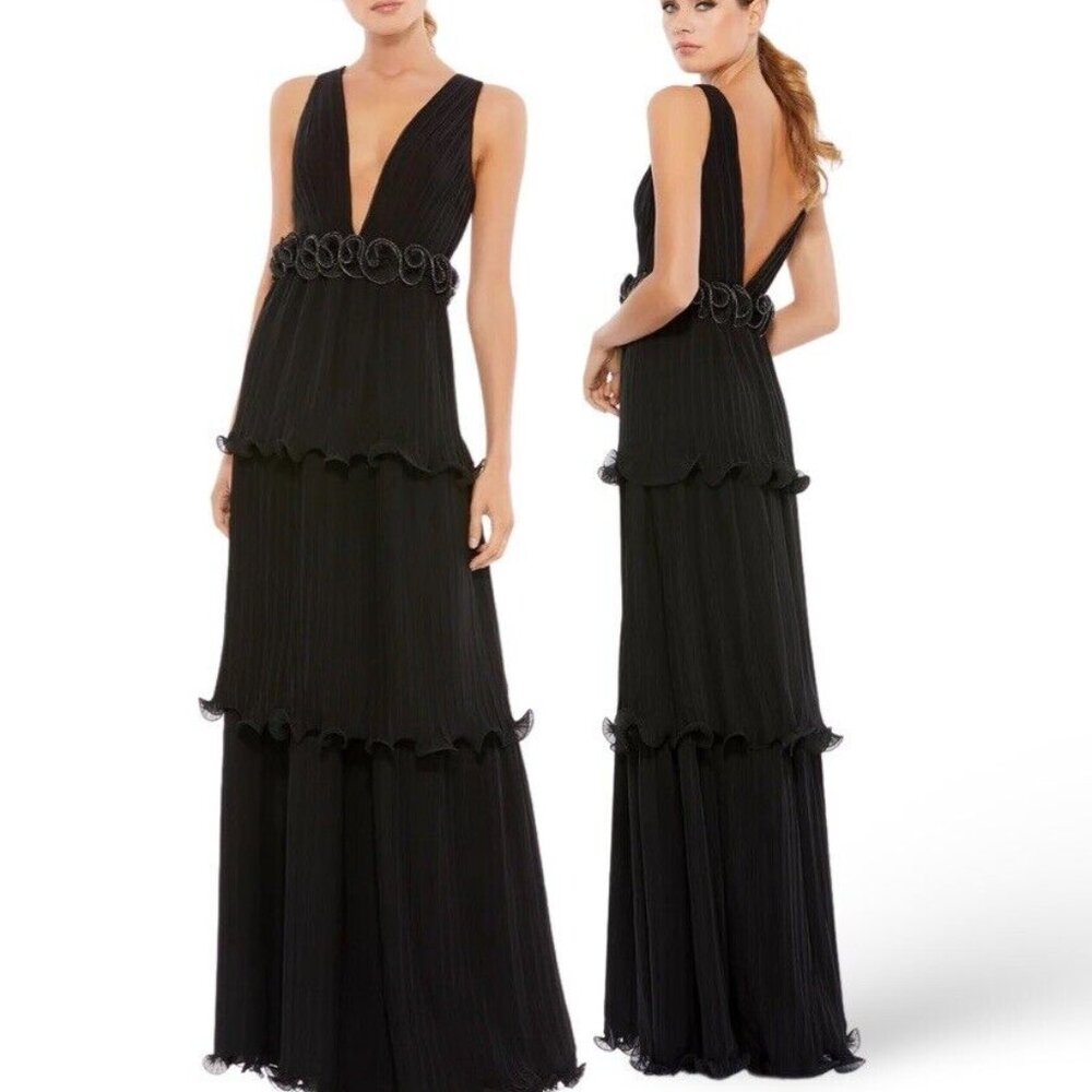 NWT MAC DUGGAL TIERED SKIRT BEADED LONG DRESS BLACK 49281